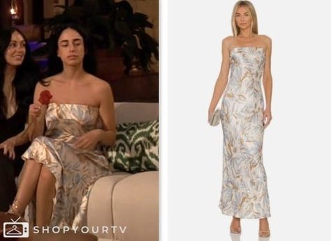 The Bachelor: Season 28 Episode 4 Maria Georgas's Silk Strapless Printed Dress Check more at https://www.shopyourtv.com/the-bachelor-season-28-episode-4-maria-georgass-silk-strapless-printed-dress/ Maria Bachelor Outfits, Maria Georgas Outfits, Maria The Bachelor, The Bachelor, Printed Dress, Clothing Ideas, Influencer, Print Dress, Tv Shows