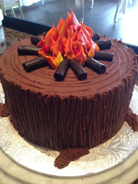 Campfire cake decorated with butter cream icing. Bonfire Cake, Camping Birthday Cake, Campfire Cake, Torte Creative, Camping Cakes, Camping Birthday Party, Torte Cupcake, Camping Birthday, Bonfire Night