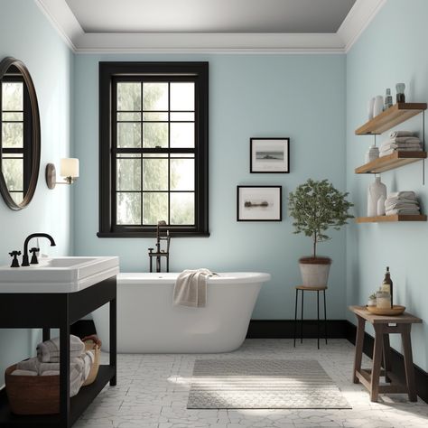 light blue bathroom with black accents Light Blue Wall Bathroom, Blue Paint Bathroom Ideas, Black And Light Blue Bathroom, Blue Bathroom Black Fixtures, Bathroom Light Blue Walls, Light Blue Bathroom Aesthetic, Light Blue Small Bathroom, Light Blue And Black Bathroom, Light Blue Walls Bathroom