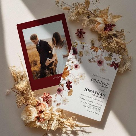 Burgundy Boho Fall Floral Photo Wedding Invitation Fall Wedding Invites, Wedding Invites Rustic, Engagement Party Invites, Rustic Invitation, Diy Invitation, Bridal Shower Invites, Terracotta Wedding, Modern Birthday, Winter Wedding Invitations