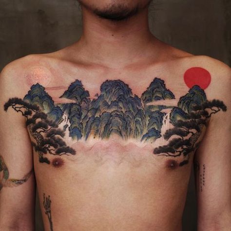 Tattoo uploaded by Tattoodo • Landscape chest tattoo by Moon Cheon #MoonCheon #landscape #nature #mountains #trees • 1584032 • Tattoodo Korean Motifs, Flower Sleeves, Traditional Woman, Tattoos Traditional, Mountain Tattoo Design, Tattoo Chest, Artist Of The Month, Korean Tattoos, Explore Tattoo