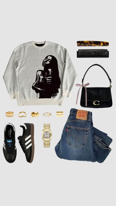 #celine #coach #cartier #fall #autumn #sade #levis #sweater #gold #chunkyjewellery #sambas #bows #ribbon #outfitinspo Comfy Jeans Outfit, Coach Outfits, Bows Ribbon, Outfit Collage, Cute Everyday Outfits, Dope Outfits, Fashion Killa, Fall Autumn, Jean Outfits