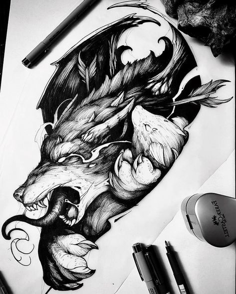 Tier Tattoo, Wolf Tattoo Sleeve, Wolf Tattoo Design, Geometric Tattoo Design, Tattoo Desings, Wolf Tattoos, Custom Tattoo Design, Dark Tattoo, Viking Tattoos