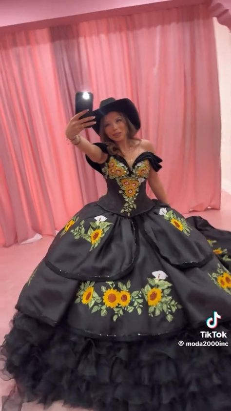 Sunflower Quince Dress, Mariachi Quinceanera Dress, Party In Mexico, Charro Quinceanera Dresses, Quince Stuff, 15 June, Quince Dress, Quinceanera Ideas, Quince Dresses