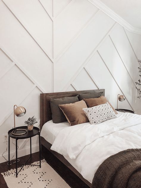 Geometric Wall Headboard, Geometric Trim Accent Wall, Asymmetrical Accent Wall, Vaulted Ceiling Accent Wall, Geometric Wood Accent Wall, Wood Accent Wall Bedroom, Dark Headboard, White Geometric Wall, Geometric Accent Wall