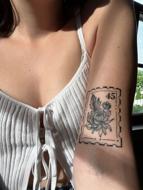 postage stamp tattoo Stamp Tattoo, Aesthetic Tattoo, Dream Tattoos, Dope Tattoos, Simplistic Tattoos, Piercing Tattoo, Mini Tattoos, Get A Tattoo, Pretty Tattoos