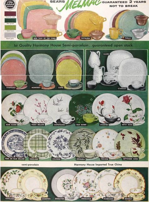 Guaranteed to last two years! Mid-Century Modern melmac advertisment shows clash of bright colors and grandmas florals. Mcdougall 50/50 Plate, Pyrex Advertisement, 1950s Food Ads, 60s Dishes, 1970s Dinnerware, Wedding Dress Patterns, Old Ads, Vintage Dishes, Cozy Space