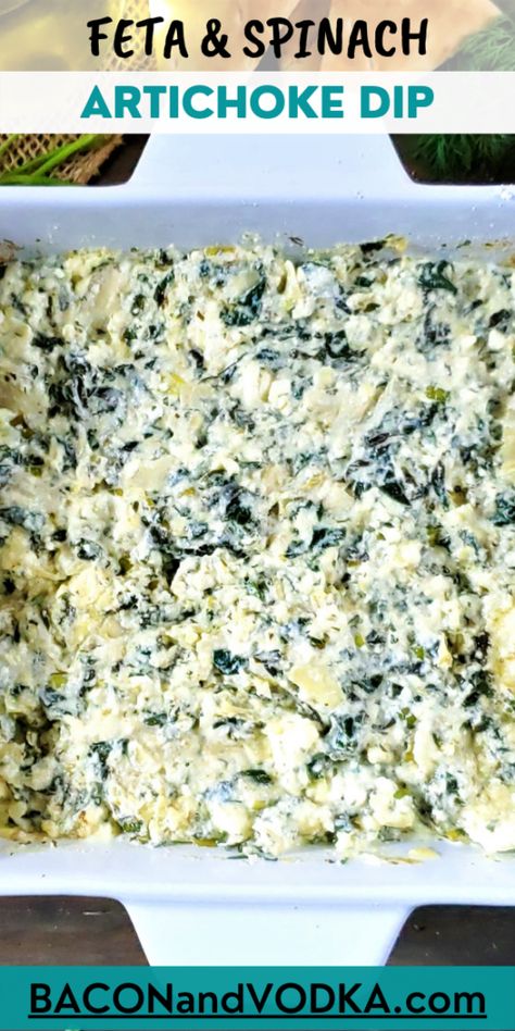 Feta Spinach and Artichoke Dip - Bacon & Vodka #artichokes #artichokedip #artichokediprecipe #artichokedipandchips #artichokehearts #feta #spinach #fetaandspinachdip #spinachdip #fetadip #fetaspinachartichokedip #spanakópita #appetizer #easydip #greek #mediterranean #mediterraneandiet #mediterraneanfood #deliciousfood #deliciousmeals #amazingfood #amazingmeals #simplemeals #thefeedfeed #easymeals #comfortfood #classycomfortfood #tastingtable Spinach Artichoke Feta Dip, Bacon Vodka, Best Spinach Artichoke Dip, Greek Marinated Chicken, Greek Spinach Pie, Spinach And Artichoke Dip, Spinach Pie, Feta Dip, Spinach Artichoke Dip