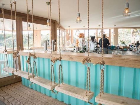 Bar With Swings, Surf Cafe, Lake House Interior, Bar In Casa, Decoration Restaurant, Coffee Shops Interior, Modern Restaurant, Beach Cottage Decor, Coffee Shop Design