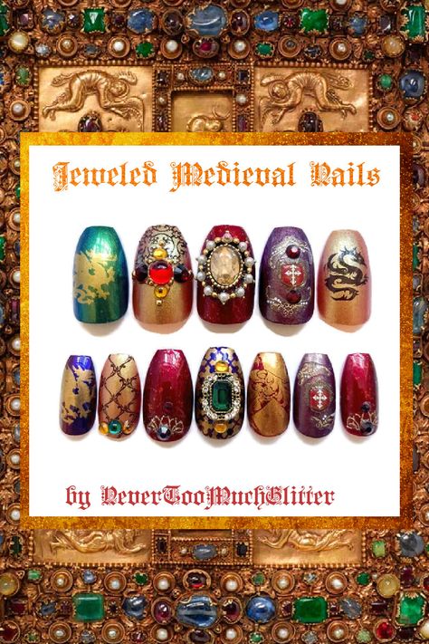 Rennaisance Nails, Fairy Tale Nails, Medieval Nails, Nails With Jewels, Jeweled Nails, Fantasy Ball, Nailinspo Nailart, Ren Faire Costume, Queen Nails