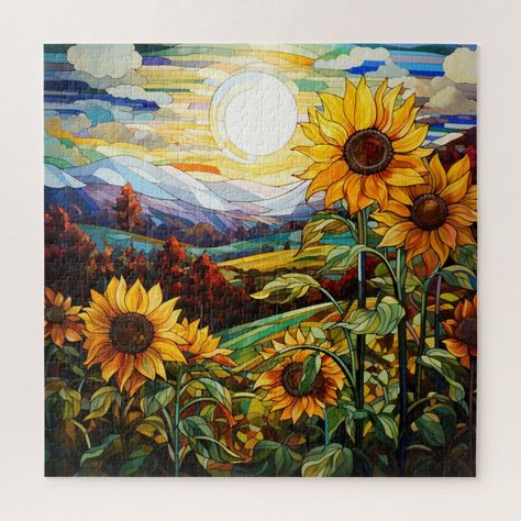 Stained Glass Sunflower, Sunflowers Field, Glass Sunflower, Sunflower Artwork, Field Paint, Art Sunflower, Sunset Mountains, Mosaic Art Projects, Monthly Crafts