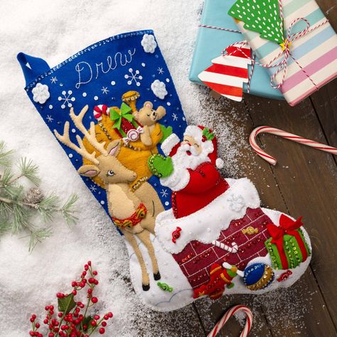 Baby Christmas Stocking, Felt Stocking Kit, Christmas Stocking Kits, Santa Toys, Felt Christmas Stockings, Stocking Designs, Felt Stocking, Christmas Felt, Applique Kit