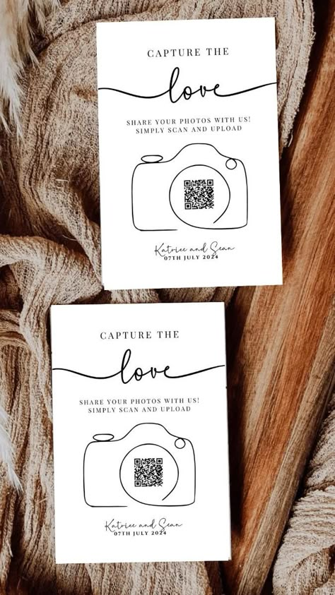 Capture the love with this wedding card with QR code in a minimalist design for your wedding day. This QR code card is perfect for easily and quickly sharing photos and social media posts from your guests. Video Message Wedding, We Code Wedding Photos, Cool Wedding Invitations Creative, Save The Date Homemade, Wedding Shared Album Qr Code, Qr Code For Wedding Guest Photos, Creative Save The Date Ideas Diy, Wedding Qr Code For Photos, Qr Code Photo Upload Wedding