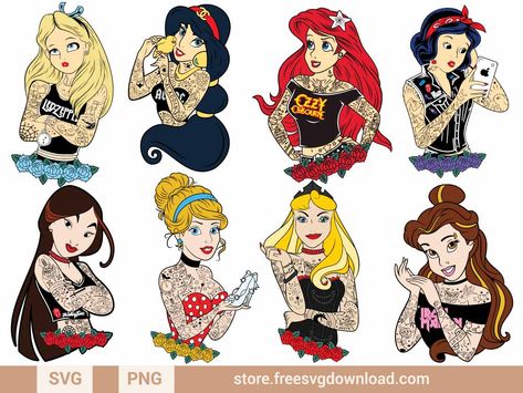 Tatted Princess Disney Characters, Disney Punk Princess, Disney Princesses With Tattoos, Tatted Disney Princess, Disney Princess With Tattoos, Tattooed Disney Princesses, Tattoo Disney Princess, Nike Spiderman, Tattooed Princess