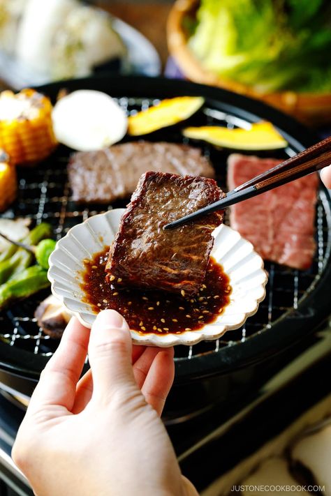 With fresh vegetables and well-marbled thinly sliced beef, you can easily enjoy the fun of Japanese-style grilling anytime. A homemade Yakiniku Sauce is a must. #yakiniku #japanesebbq | Easy Japanese Recipes at JustOneCookbook.com Yakiniku Sauce Recipe, Yakiniku Sauce, Japanese Bbq Sauce, Authentic Japanese Recipes, Japanese Home Cooking, Japanese Bbq, Entree Ideas, Japanese Sauce, Ground Beef And Cabbage