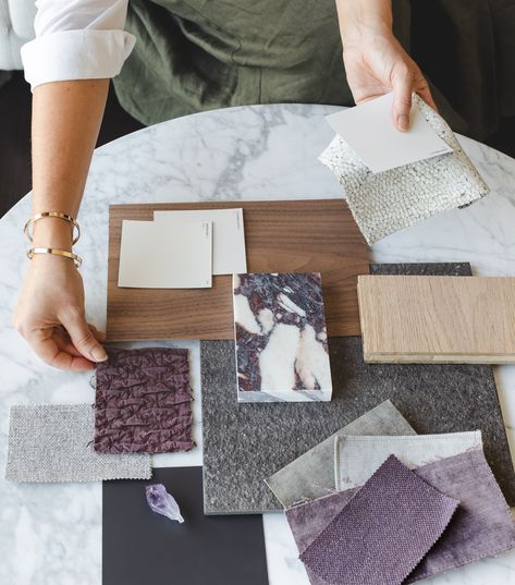 Interior Design Flatlay, Purple Mood Board, Material Color Palette, Purple Living Room, Flat Lay Inspiration, Aesthetic Interior Design, House Color Palettes, Material Board, Boutique Interior Design