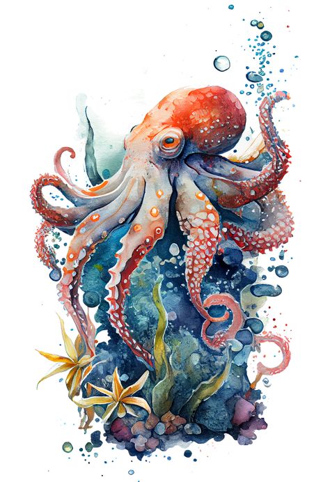 Sea Illustration Art, Octopus Swimming, Octopus Artwork, Octopus Drawing, Octopus Painting, Swimming Underwater, Sea Drawing, Sea Creatures Art, Sea Illustration