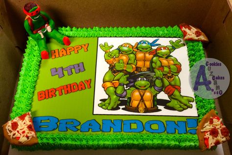 Ninja Turtles Vanilla cake Filled with vanilla frosting / melted chocolate Iced with vanilla frosting Print on icing sheet Decorations made out of modeling chocolate Ninja Turtle Sheet Cake, Turtle Sheet Cake, Birthday Cake Girls Teenager, Ninja Turtle Birthday Cake, Ideas For Birthday Cake, Slab Cake, Tmnt Birthday, Ninja Turtles Birthday Party, New Birthday Cake