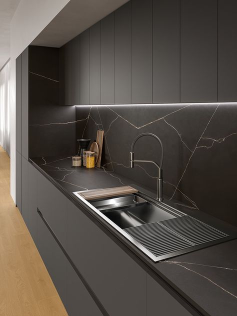 Black Kitchen Inspiration, Modern Grey Kitchen, Серая Кухня, Kitchen Tiles Design, Black Kitchen Cabinets, Dark Kitchen, Modern Kitchen Interiors, Kitchen Design Plans, Modern Kitchen Cabinets