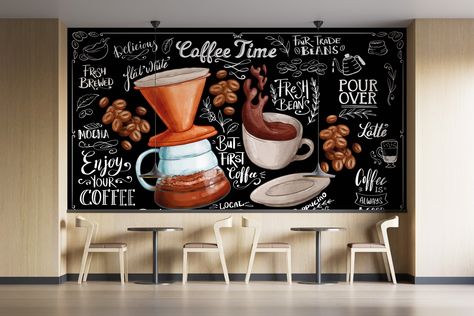 Mural Cafe Coffee, Cafe Wall Mural, Bistro Restaurant, Coffee Wall Art, Coffee Wallpaper, Coffee Illustration, Cafe Wall, Ink In Water, Glass Furniture