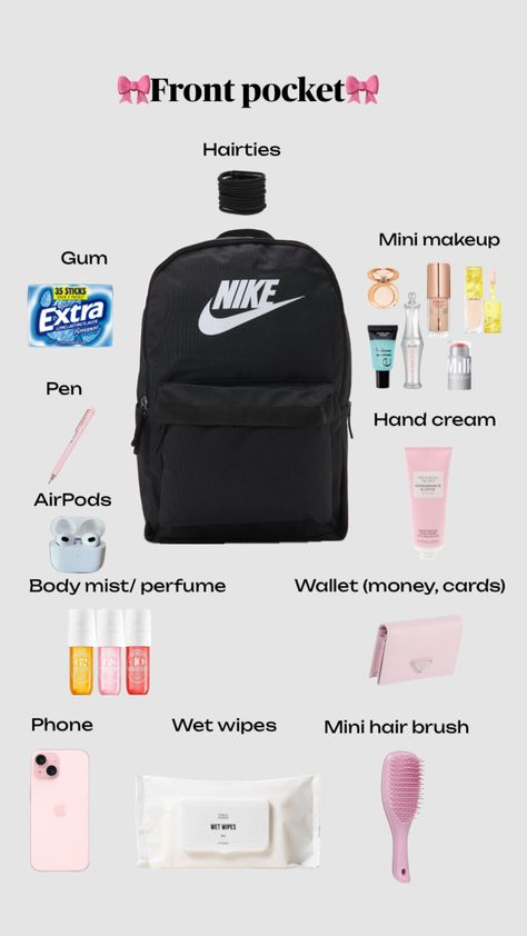 What to put in ur front pocket ✨✨ #preppy #vintage #like #blowup #shufflefyp #makemefamous #famous #viralshuffle #viral #fypshuffle Backpack Essentials, Preppy Vintage, Mini Makeup, Wet Wipe, Body Mist, Hand Cream, Hair Brush, Front Pocket, Gum