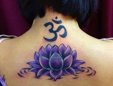 Lotus Flower Om Tattoo, Lotus Flower Tattoo Purple, Lotus Flower Tattoo With Color, Dark Lotus Flower Tattoo, Lotus Flower Tattoos For Women, Lotus Flower Tattoo Designs For Women, Lotus Neck Tattoo, Om Lotus Tattoo, Purple Lotus Tattoo