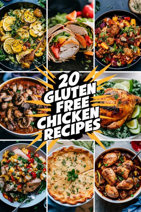 20 gluten-free chicken recipes illustrated with colorful dishes like soups, salads, and roasted chicken. Gluten Free Chicken Breast Recipes, Chicken Meal Ideas, Gluten Free Healthy Dinners, Chicken Dishes For Dinner, Gourmet Gluten Free, Gluten Free Crock Pot Recipes, Gluten Free Bbq, Gluten Free Chicken Recipes, Greek Chicken Recipes