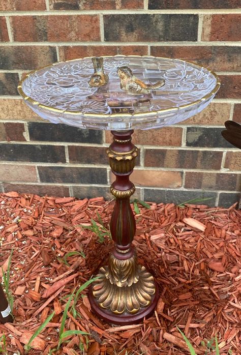 This cute little bird bath was upcycled from materials found at thrift stores and garage sales! Height 2.3 ft width 1.7 ft weight 2 lbs Homemade Glass Birdbaths, Repurpose Ceiling Fan Globes, Recycled Homes, Vintage Garden Ideas, Bird Baths Homemade, Diy Birdbath, Bird Bath Planter, Repurposed China, Glassware Garden Art