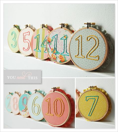 Embroidered Table Numbers . Maybe DIY? Diy Table Numbers, Table Names, Mason Jar Candles, Wedding Chicks, Embroidery Hoop Art, Wedding Table Numbers, Diy Table, Simple Wedding, Hoop Art