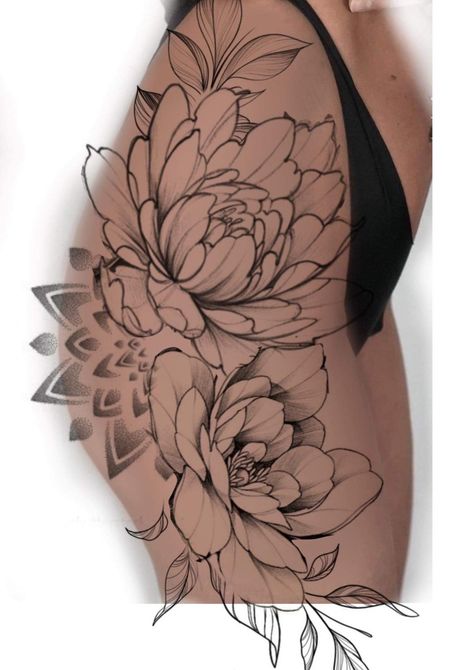 Mandala And Flower Hip Tattoo, Floral Thigh Tattoos Women, Hip Flower Tattoo, Tattoo Women Butterfly, Floral Leg Tattoo, Butterfly Tattoo Back, Tattoo Bein Frau, Tattoo Ideas Men, Tattoo Back Tattoo