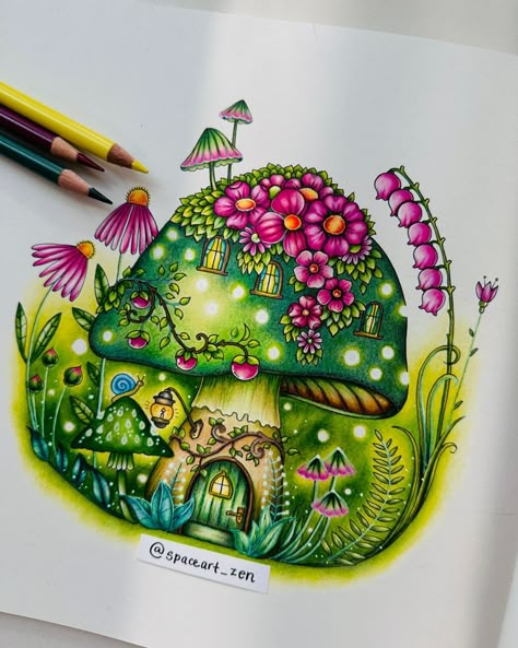 The Fairy Mushroom house from Worlds of Wonder by Johanna Basford. 🍄 #johannabasford #worldsofwonder #adultcoloringbook… | Instagram Johanna Basford Worlds Of Wonder Castle, Johanna Basford Worlds Of Wonder Finished Pages, Joanna Basford Coloring Worlds Of Wonder, World Of Wonder Johanna Basford, Pomegranate Metaphor, World Of Flowers Johanna Basford Finished, Johanna Basford Magical Worlds, Colourist Art, Magical Worlds Johanna Basford