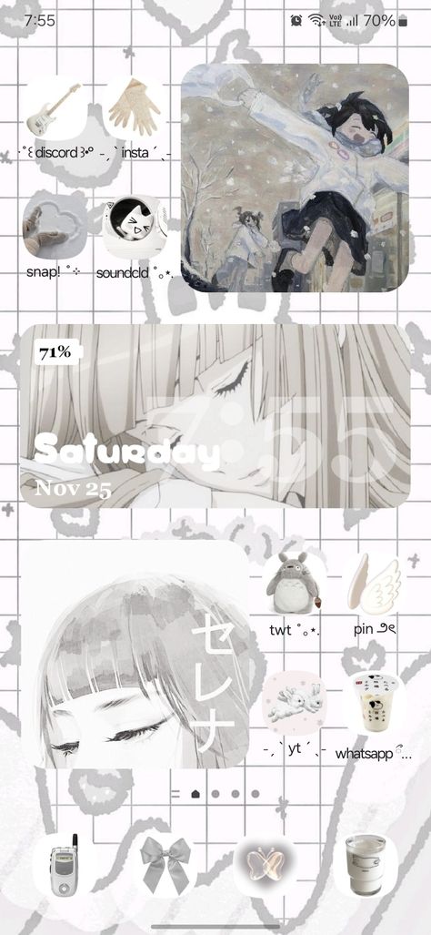 samsung aesthetic phone layout anime soft white cute ios 16 Anime Home Screen Layout, Anime Ios Layout, Phone Themes Samsung, Anime Phone Layout, Cute Ios 16, Samsung Aesthetic Phone, Anime Themed Phone, Samsung Setup, Anime Phone Theme