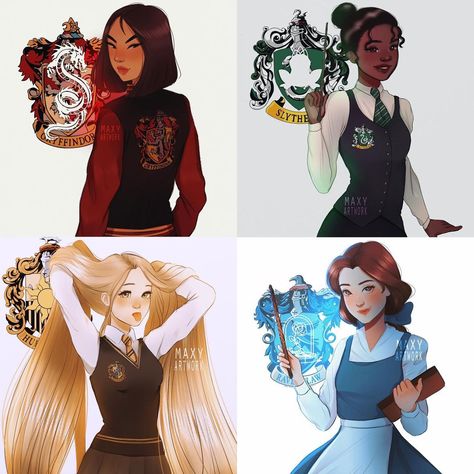 maxy artwork on Instagram: “disney princesses in their hogwarts houses✨ who’s your favorite?” Disney Hogwarts Houses, Lily Harry Potter, Disney Hogwarts, Harry Potter Disney, Halloween Traditions, Ron And Hermione, Harry Potter Drawings, Hogwarts Mystery, Harry Potter Anime