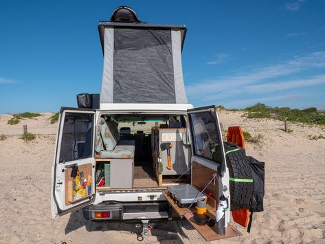 We camped in our Troopy and because it's a 4x4 we set up camp right on the beach. Troopy Camper Interior, 4x4 Camping Setup, Troopy Setup, Troopy Fitouts, Troopy Interior, 4x4 Setup, Troopy Camper, Land Cruiser Interior, 4x4 Conversion