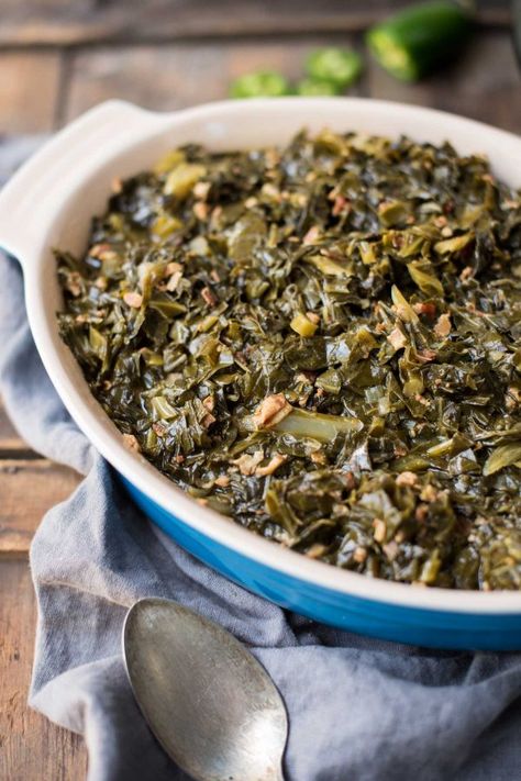 Instant Pot Collard Greens with Jalapeño and Bacon Instant Pot Collard Greens, Spilling The Sweet Tea, Mixed Greens Recipe, Braised Collard Greens, Greens Recipe Soul Food, Savory Bacon, Braised Greens, Barbecue Sides, Barbecue Side Dishes