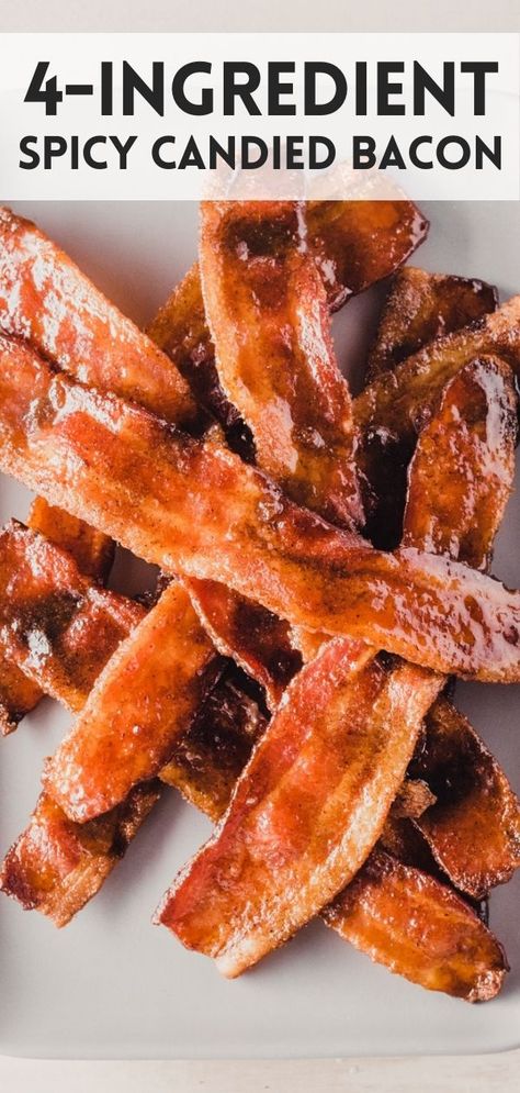 Spicy Candied Bacon!! This simple 4-ingredient recipe will blow you away! Sweet, salty and slightly spicy, this candied bacon has it all! Serve with breakfast or as a festive appetizer. Candied Bacon Recipe, Breakfast Sides Dishes, Pbs Food, 4 Ingredient Recipes, Classic Appetizers, Bacon Recipe, Candied Bacon, Bacon Recipes, Yummy Breakfast