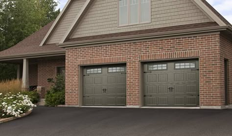 GARAGA Carriage House Garage Doors: Gorgeous Country Look Grey Garage Doors, Brown Garage Door, Carriage House Garage Doors, Garage Door Colors, Garage Door House, Carriage House Doors, Tan House, Garage Door Panels, Carriage House Garage