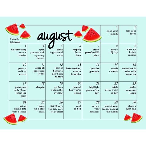 k i i r a n b ✨ | lifestyle on Instagram: “🌿 here it is: the AUGUST 2020 WELLNESS CALENDAR 🌿 btw: can you believe it’s August already? #AloneTogether #StayHomeStaySafe  for whoever…” August Self Care Calendar, August Wellness Month, August Self Care, August To Do List, August Bucket List, Wellness Calendar, August Mood Board, Augustus Gloop, August Goals