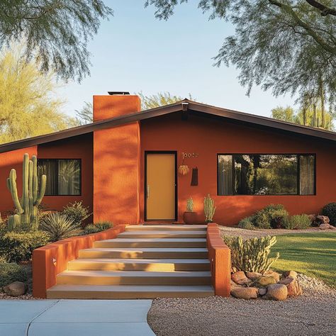 Southwestern Exterior House, Tucson Homes Exterior, Terracotta Home Exterior, Terra Cotta Exterior House Color, Terracotta Exterior House Colors, Burnt Orange House Exterior, Orange Exterior House Colors, Santa Fe Style Homes Exterior, Terracotta House Exterior