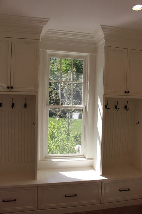 Mudroom Ideas Entryway Window, Mudroom Wall With Window, Mudroom French Doors, Entryway Seating And Storage, Mudroom Bench With Window, Mudroom With A Window, Mudroom Built Ins Around Window, Mudroom Window Bench, Mudroom Ideas With Window