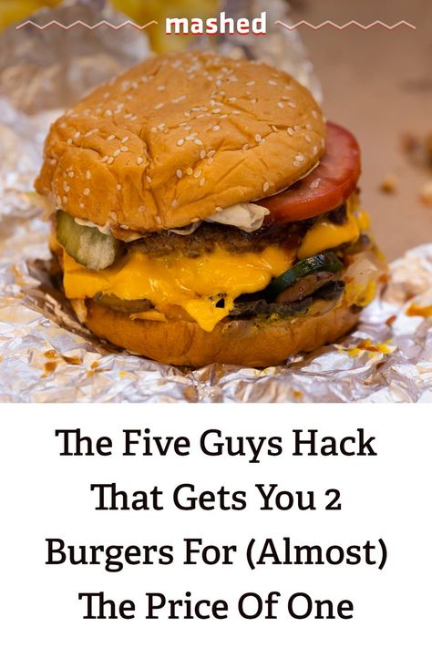 Five Guys is notorious for its expensive burgers and fries, but one viral hack helps you get two burgers for (almost) the price of one if you're lucky. #FiveGuys #FastFood Five Guys Burger, Five Guy Burgers, Burgers And Fries, Five Guys, Burger And Fries