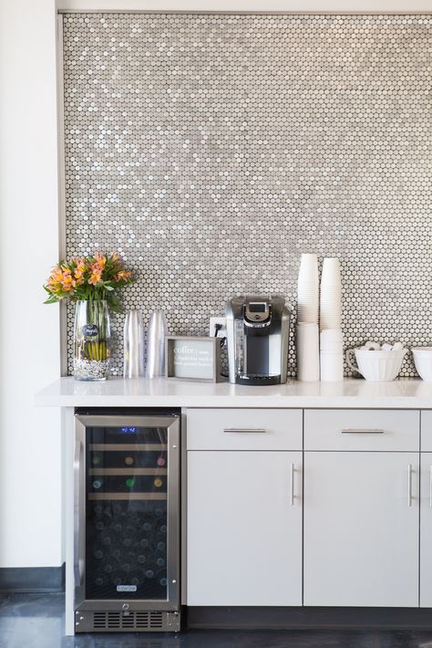 Coffee bar with wine fridge quartz top and penny tile back splash. Beauty Salon Coffee Bar Ideas, Commercial Office Coffee Bar, Hair Salon Coffee Bar, Hair Salon Coffee Bar Ideas, Coffee Bar Wall Ideas, Salon Coffee Bar Ideas, Salon Waiting Area, Home Hair Salons, Hair Salon Design