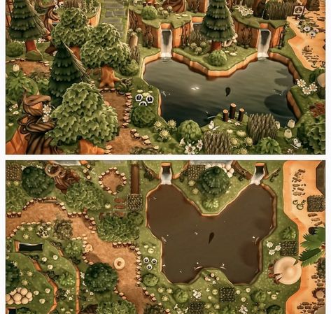 Forest Core Island Acnh, Forest Island Animal Crossing, Pond Ideas Acnh, Animal Crossing Island Inspiration Cottage Core, Forest Core Acnh, Acnh Butterfly Pond, Acnh Forest Idea, Animal Crossing Pond Ideas, Acnh Island Designs Cottagecore