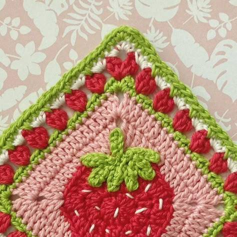 HDMakes - Fibre Artist & Illustrator on Instagram: "🍓 Strawberry granny square 2.0 🍓 The January blues may be hitting hard but I’m working on the Spring/Summer collection. I’ve upgraded my strawberry granny square pattern ready for a new collection including some clothing designs! Watch this space… 👀 #crochetersofinstagram #crochetuk #crochetgrannysquare #grannysquarepattern #crochetdesigner #crochetstrawberry #crochetbusiness #strawberrylover #summervibes #slowfashion #smallbusinessuk #cro Crochet Strawberry Granny Square Cardigan, Strawberry Granny Square Cardigan, Summer Granny Square Pattern, Candy Granny Square, Strawberry Granny Square Blanket, Girly Granny Square, Spring Granny Square Crochet, Monstera Granny Square Pattern, Blueberry Granny Square