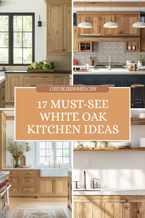 If you're dreaming of a warm, inviting kitchen, these 17 white oak ideas are exactly what you need! From sleek modern designs to cozy shaker-style accents, there's inspiration for everyone. Discover how light and dark harmonize effortlessly and explore bold color contrasts that make spaces pop! Plus, learn how open shelving can create a fresh and airy feel in your kitchen. Get ready to transform your home with these stunning white oak designs that blend beauty and functionality seamlessly. Perfect for any remodel! White Oak Cabinets Gold Hardware, Grey And White Oak Kitchen, Shaker Oak Kitchen, Natural Wood And Cream Kitchen, White Wood Grain Kitchen Cabinets, White And Birch Kitchen, White Oak Veneer Kitchen Cabinets, White Light Wood Kitchen, White Oak And Cream Kitchen Cabinets