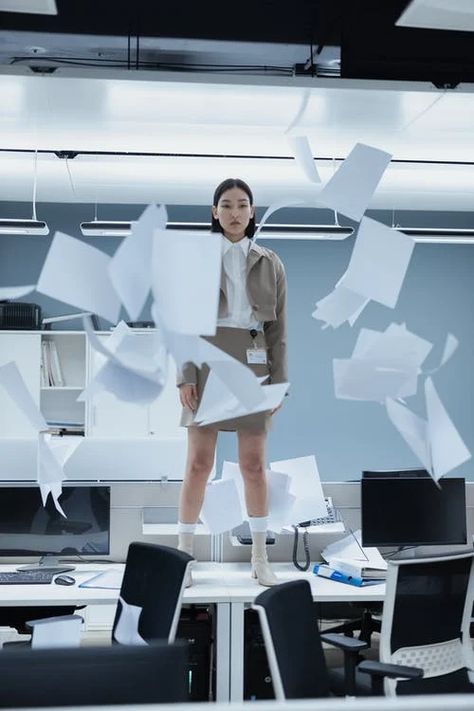 Creative Office Photoshoot Ideas, Office Aesthetic Woman, Women In Office, Office Shoot, Bored People, Office Photoshoot, Office Desk White, Woman In White Dress, Office Woman