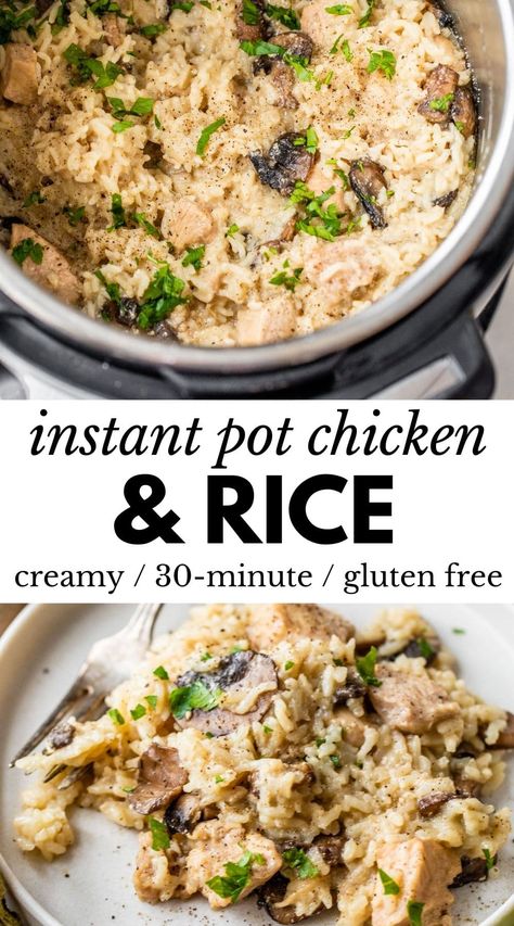 This Instant Pot Chicken and Rice recipe is the ultimate 30-minute meal. Tender chicken, mushrooms, and rice are pressure cooked to perfection in a rich and creamy mushroom sauce. No canned soup necessary! Instant Pot Chicken Mushroom Rice, Cream Of Mushroom Chicken And Rice Instant Pot, Chicken And Mushroom Recipes Instant Pot, Chicken And Rice Casserole Recipes Cream Of Mushroom Instant Pot, Instant Pot Chicken Thighs And Rice, Chicken Mushrooms And Rice, Cream Of Mushroom Rice, Mushrooms And Rice, Chicken Mushroom Rice