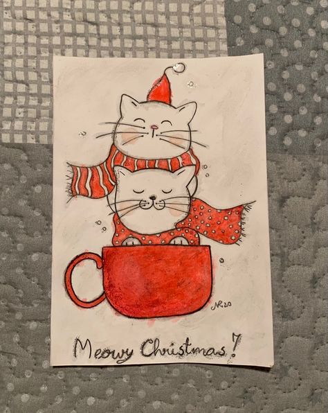 Cat Christmas Cards Diy, Diy Christmas Cards Drawing, Christmas Cat Drawing, Xmas Card Ideas, Trading Card Ideas, Cat Christmas Cards, Christmas Sketch, Painted Christmas Cards, Hand Painted Card