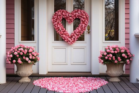 front door settings in valentines day interior design style Valentines Porch Decorations, Front Door Valentines Day Decor, Apartment Front Door Decor Entrance, Valentines Front Porch Decor, Valentines Porch Decor, Apartment Front Door Decor, Valentines Day Style, Front Yard Decor, Valentines Decor