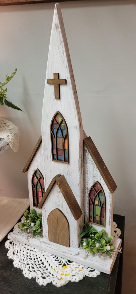 Wood Projects For Craft Shows, Wooden Churches Craft Diy, Wood Church Craft, Scrap Wood Crafts To Sell, Wooden Church Diy, Wooden Churches Craft, Wood Churches Diy, Plastic Church, Wood Christmas Village